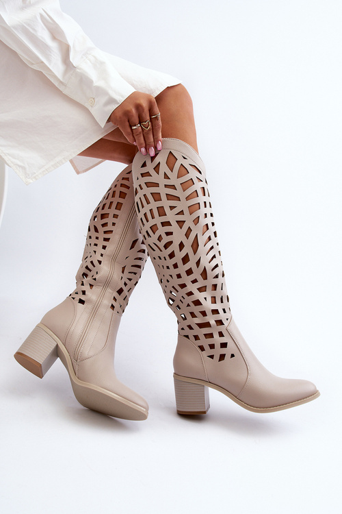 Ażurowe Kozaki Na Obcasie Beżowe Pinkema