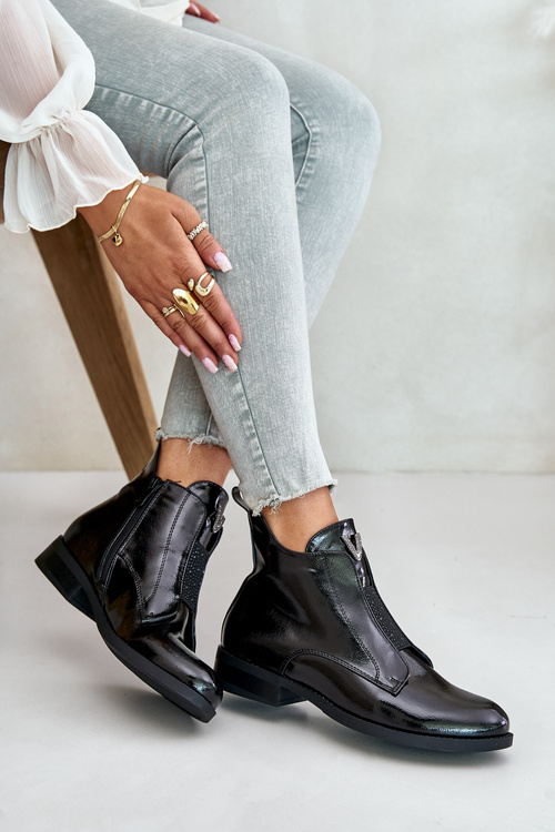 Lakierowane Niskie Botki Damskie Na Płaskim Obcasie Ocieplane Czarne S.Barski HY42-120 Czarne