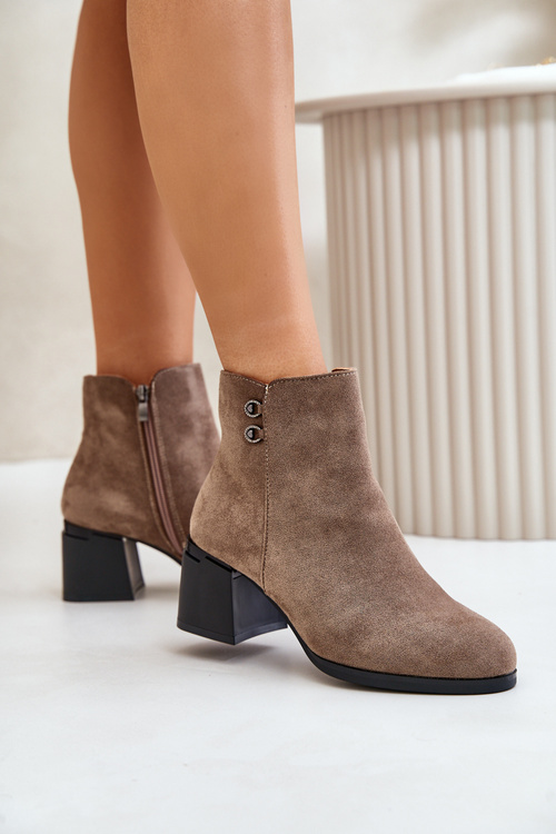 Botki Damskie Na Słupku Zapinane Na Zamek Ciemnobeżowe Tinamar