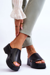 Damskie Klapki Skórzane Na Platformie Czarne Lemar Lucami