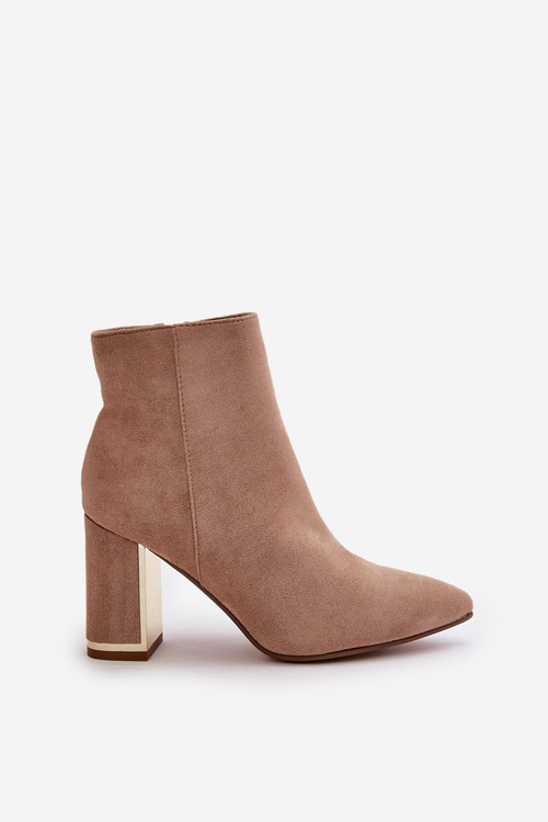 Botki Damskie Na Słupku Zapinane Na Zamek Ocieplane Eko Zamszowe Jasnobrązowe Mevair