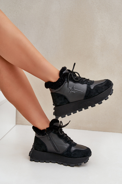 Skórzane Sneakersy Trapery Damskie Z Futerkiem Na Platformie Big Star OO274A329 Czarne
