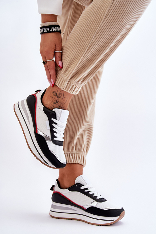 Damskie Buty Sportowe Na Koturnie I Platformie Biało-Czarne Allen