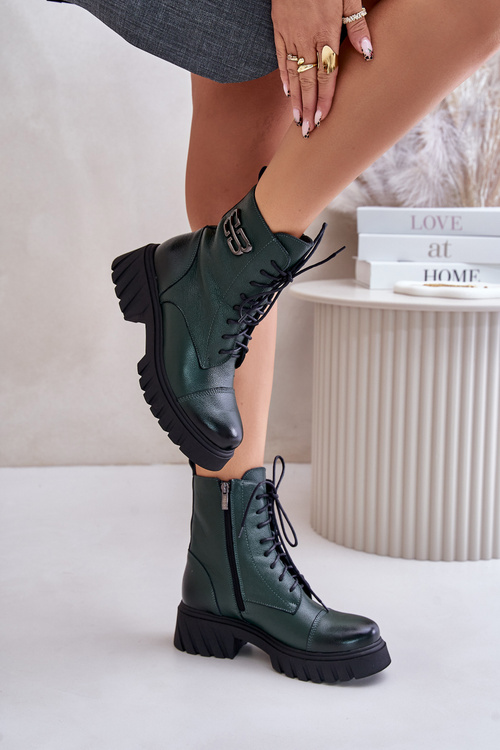 Zazoo 60486 Skórzane Botki Workery Ocieplane Ciemnozielone
