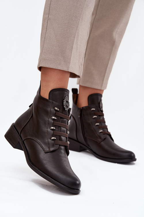 Niskie Botki Ocieplane Na Zamek Z Ozdobą Brązowe Nevalia