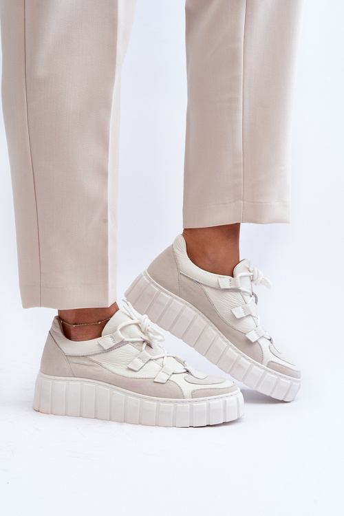 Damskie Skórzane Buty Sportowe Na Platformie M01/1 Zazoo Jasnobeżowe