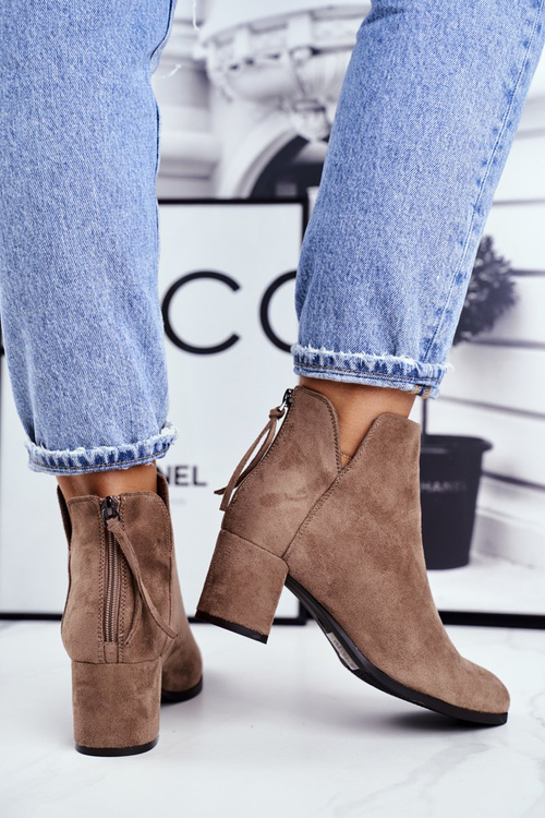 Botki Damskie Na Słupku Zamszowe Beżowe Mimosa