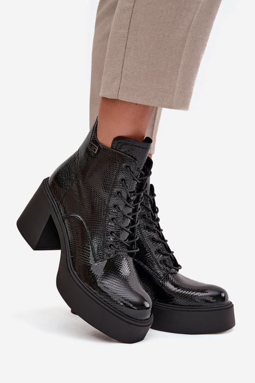 Lakierowane Skórzane Botki Damskie Na Platformie I Słupku Vinceza 66817 Czarne