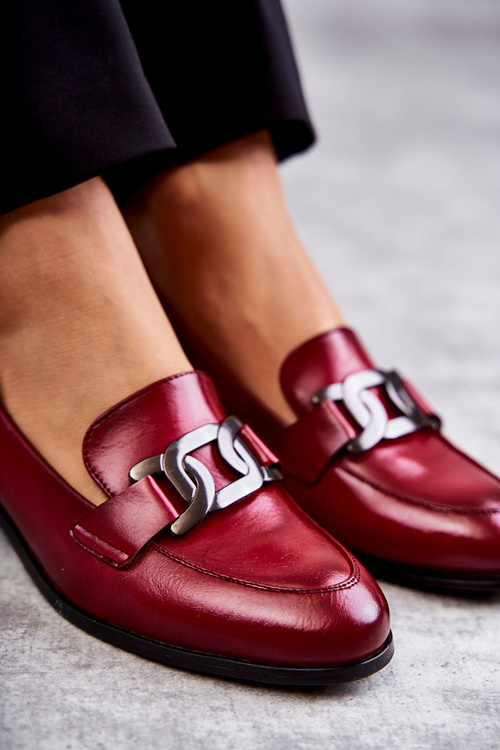 Modne Skórzane Półbuty Loafery Bordowe Trine