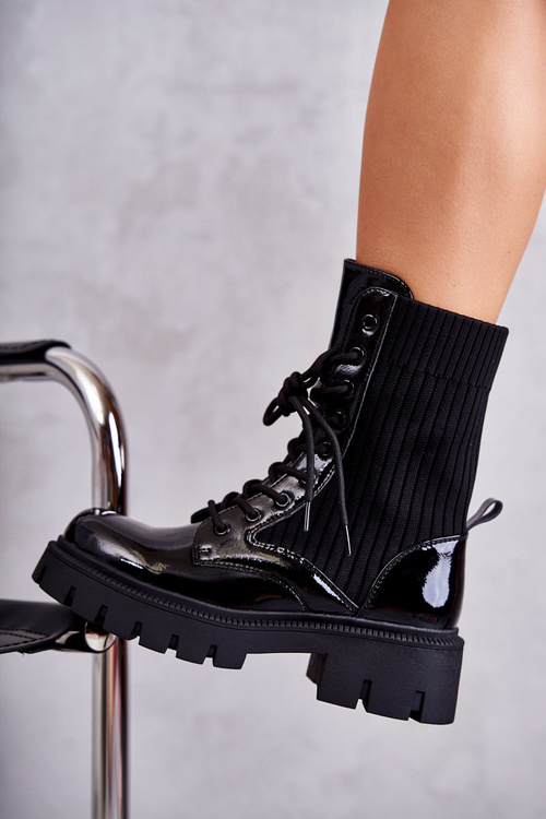 Damskie Lakierowane Workery Botki Ze Skarpetą Czarne Abigail