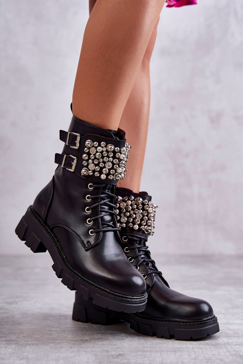 Damskie Botki Z Ozdobami Wiązane Czarne Leonese