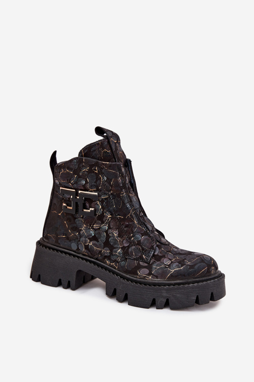 Skórzane Botki Damskie Z Ozdobą Ocieplane Artiker 57C2084 Czarno-Złote