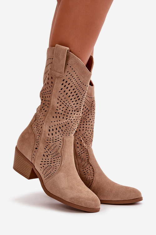 Ażurowe Damskie Botki Kowbojki Na Obcasie Brązowe Iceda