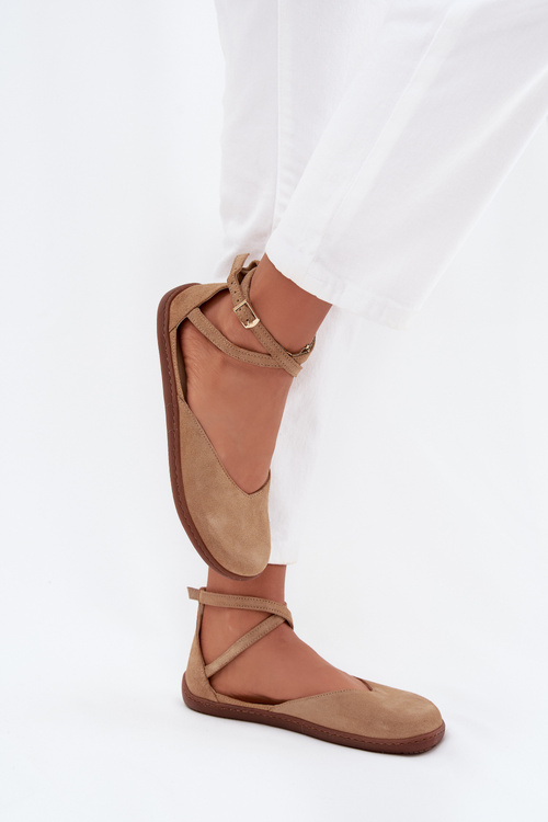 Zamszowe Baleriny Damskie Barefoot Z Paskami Zazoo 191 Beżowe