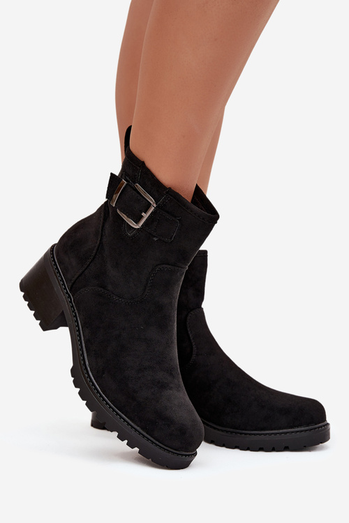 Ocieplane Botki Damskie Na Niskim Obcasie Klocku Z Klamrą Czarne Helvina