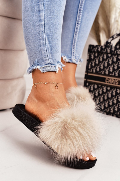 Damskie Klapki z Futerkiem Beżowe Belmondo