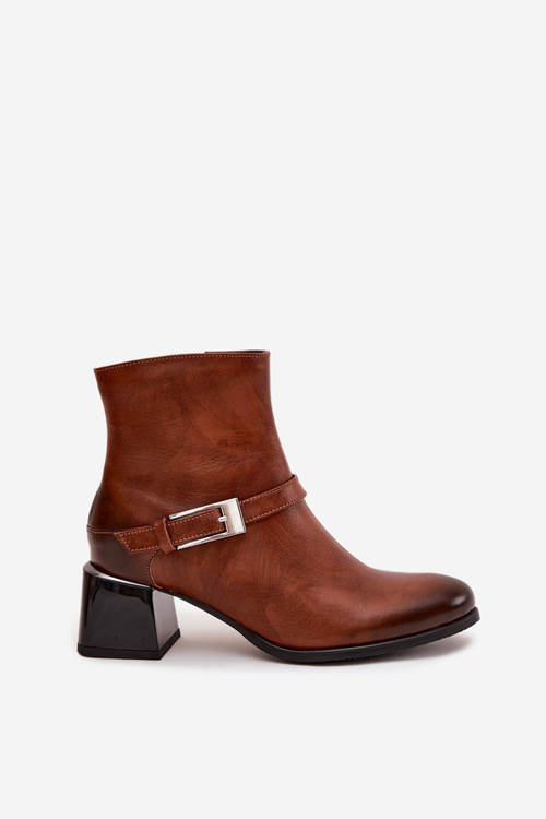 Skórzane Botki Damskie Na Obcasie Z Klamrą Zazoo 60562 Brązowe