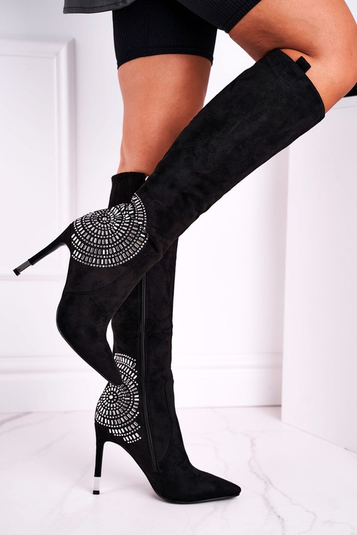 Kozaki Damskie Na Słupku Do Kolana Czarne Fashionable