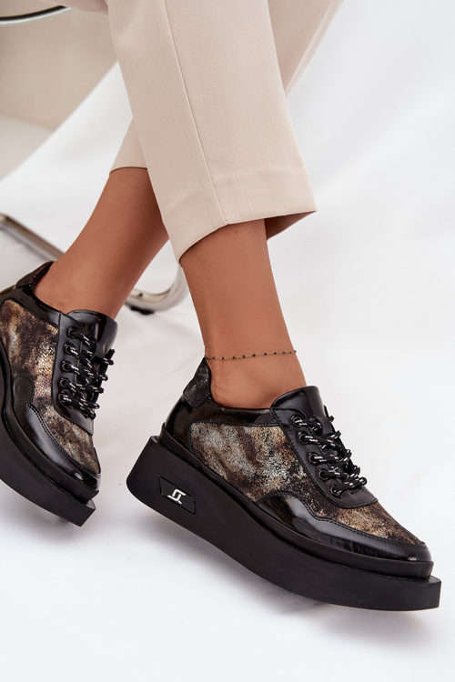 Skórzane Sznurowane Półbuty Damskie Na Platformie Artiker 57C2042 Czarno-Złote