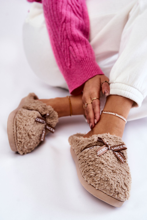 Damskie Futrzane Papcie Z Kokardką Beżowe Ryana