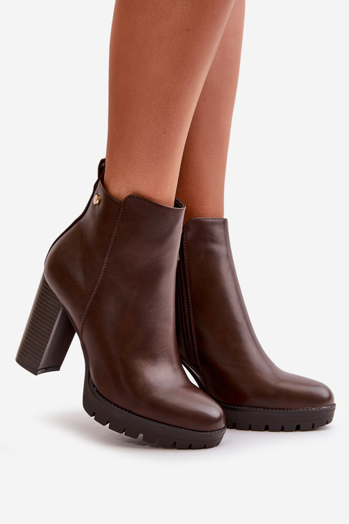 Botki Damskie Ocieplane Na Wysokim Słupku Zapinane Na Zamek Ciemnobrązowe Bioria