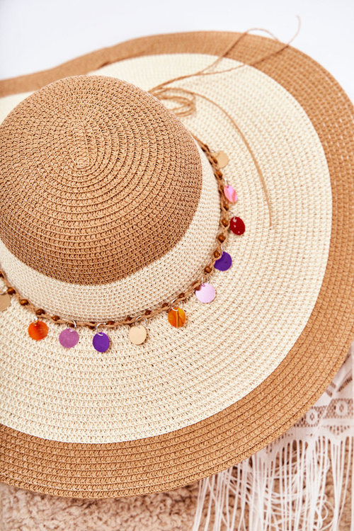 Słomiany Kapelusz Z Ozdobnym Paskiem Beżowo-Brązowy Lanetta