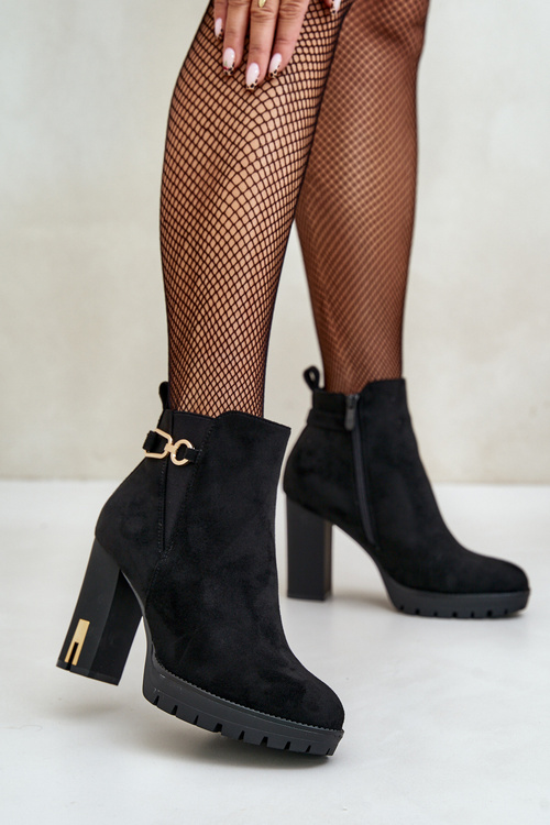 Ocieplane Botki Damskie Na Wysokim Obcasie Słupku Czarne Terisanna