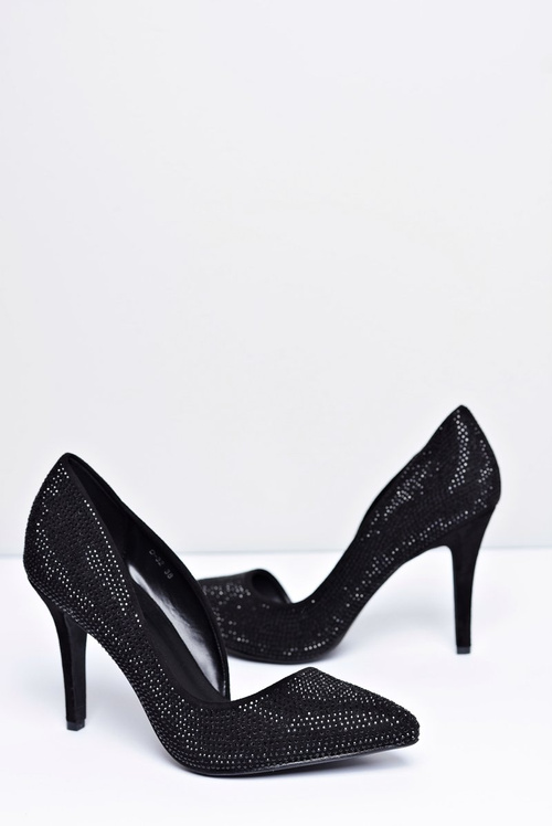 Szpilki Damskie Czarne Zamszowe Cyrkonie Asymetryczne Santee