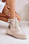Botki Damskie Na Platformie Z Ozdobnym Sznurowaniem Panterka Jasnobeżowe Edidda