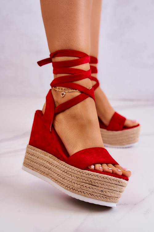 Lekkie Wiązane Sandały Na Koturnie Czerwone Marriett