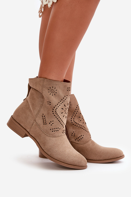Ażurowe Damskie Niskie Botki Zapinane Na Zamek Beżowe Irinette