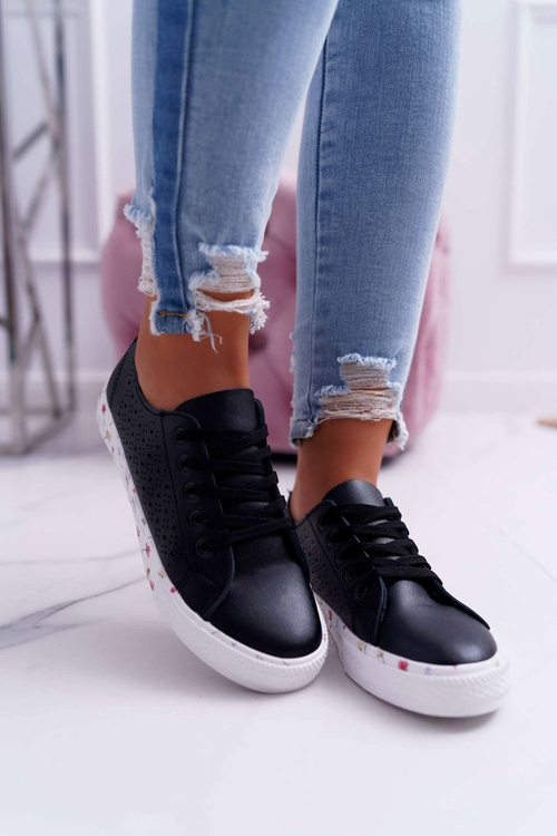 Damskie Trampki W Kwiaty Ażurowe Czarne Loriann