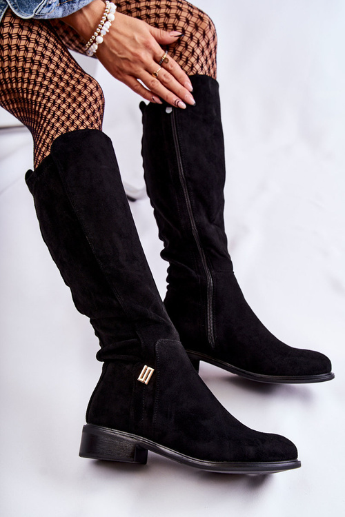 Zamszowe Kozaki Na Płaskim Obcasie Czarne Giulia