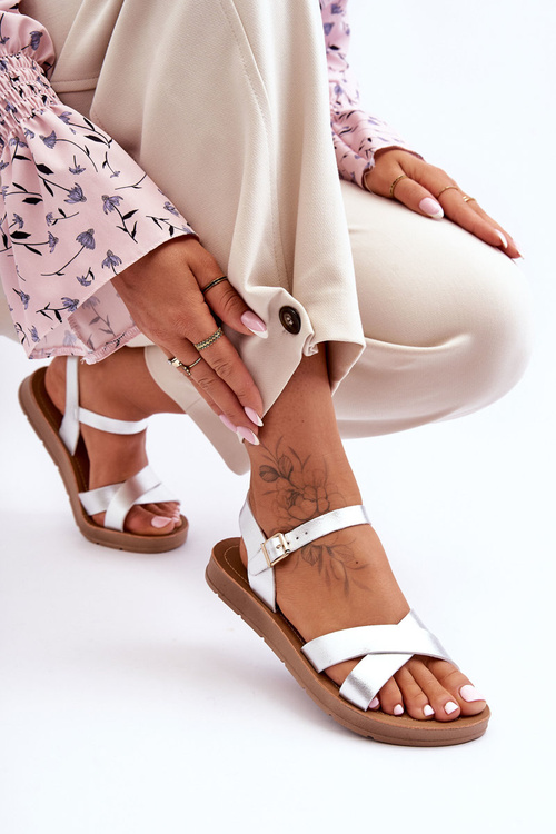 Klasyczne Skórzane Sandały Damskie Srebrne Talisma