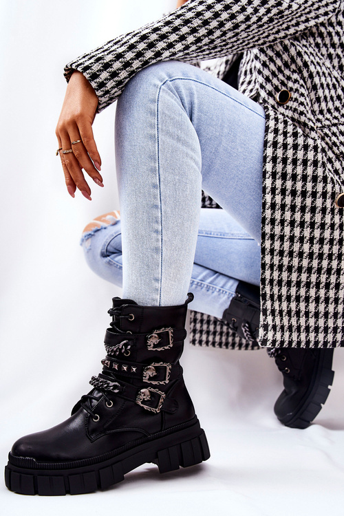 Botki Wiązane Łańcuch Sprzączka Czarne Reiloy