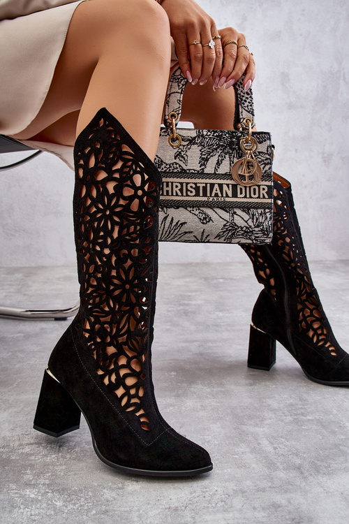 Zamszowe Ażurowe Kozaki Lewski Shoes 3234 Czarne