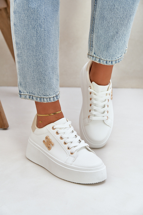 Sneakersy Damskie Na Platformie Biało-Beżowe Temittes