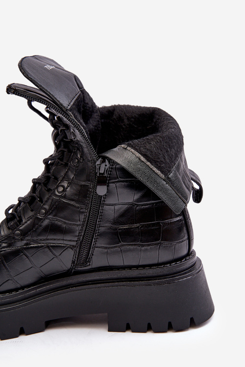 Damskie Botki Workery Z Ozdobnym Tłoczeniem Czarne Tarolia