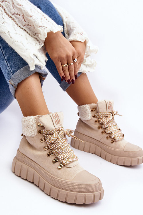 Ocieplane Botki Trapery Na Grubej Podeszwie Jasnobeżowe Ralotta
