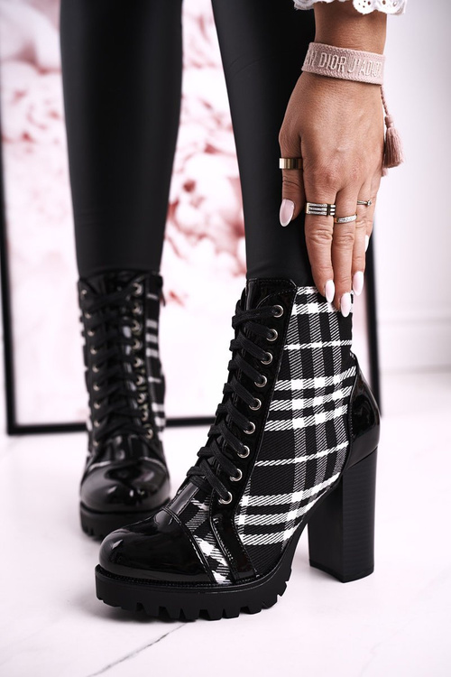 Damskie Botki Na Słupku W Kratę Czarne Blair