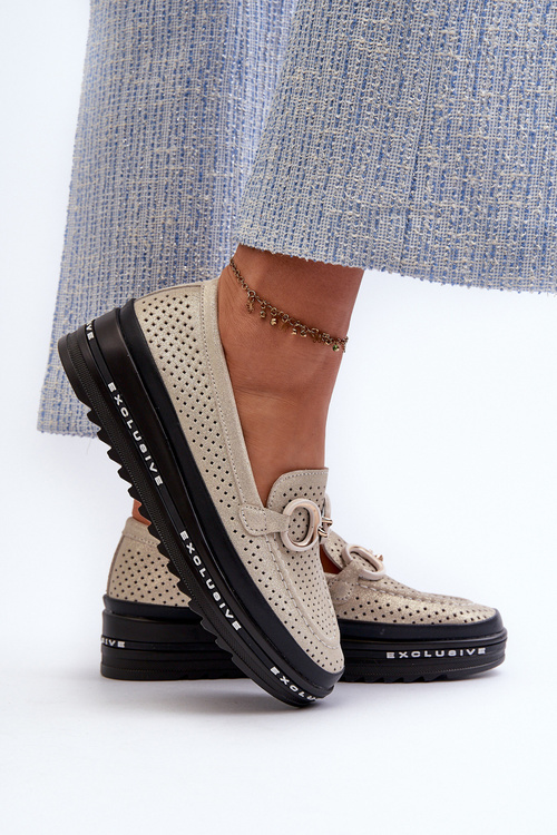 Skórzane Błyszczące Mokasyny Damskie Na Platformie Z Ozdobą S.Barski LR750 Złote