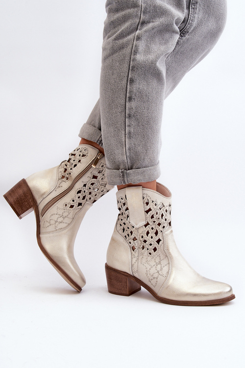 Zazoo 3394 Damskie Botki Na Obcasie Ażurowe Złote