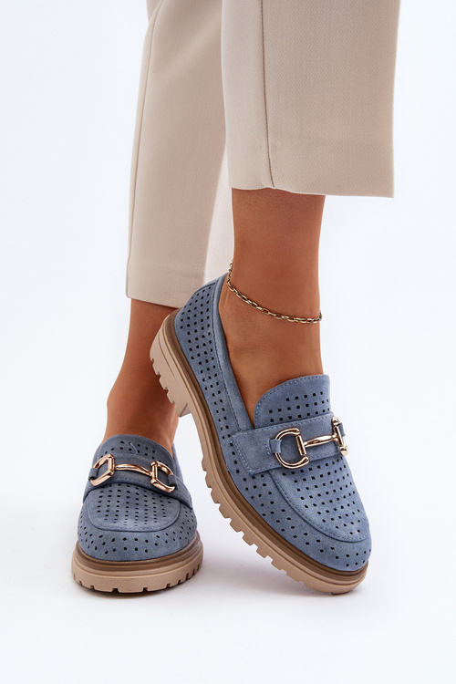 Mokasyny Damskie Ażurowe Z Ozdobą Niebieskie Talesse