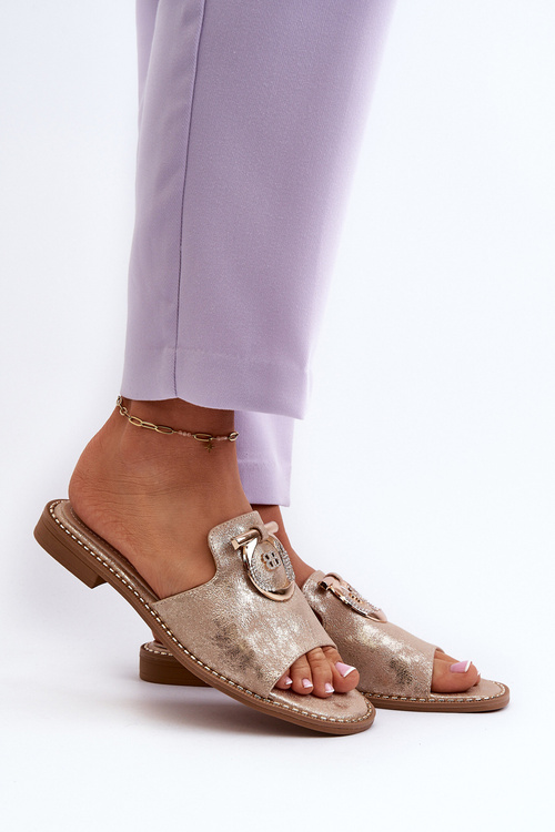 Eleganckie Błyszczące Klapki Damskie Z Ozdobą S.Barski KV27-032 Złote