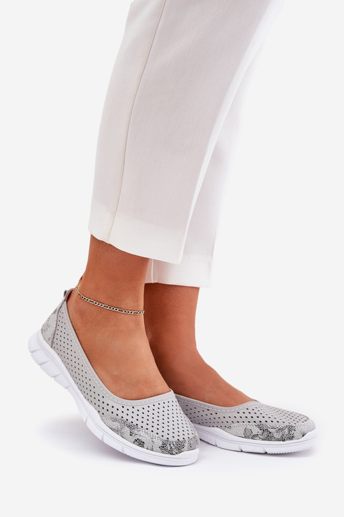 Skórzane Ażurowe Baleriny Vinceza 95323 Szare