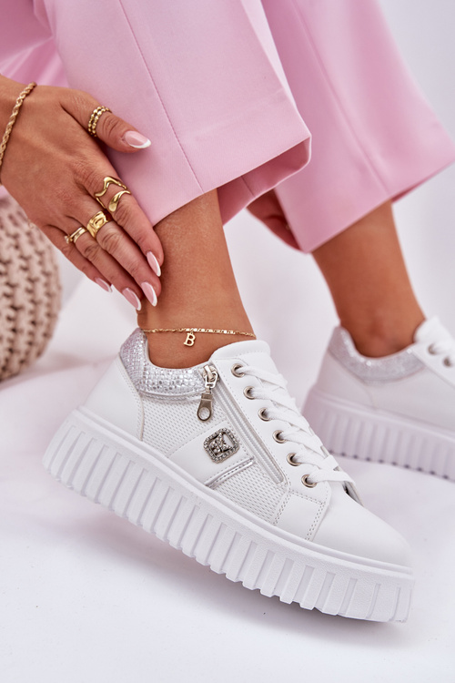 Buty Sportowe Damskie Na Platformie Z Eko Skóry Białe Velionna