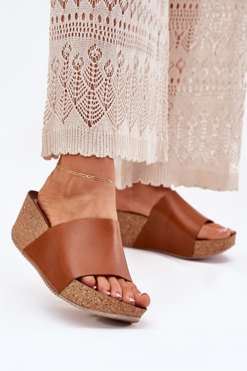 Zazoo 40291 Skórzane Klapki Damskie Na Korkowym Koturnie Brązowe