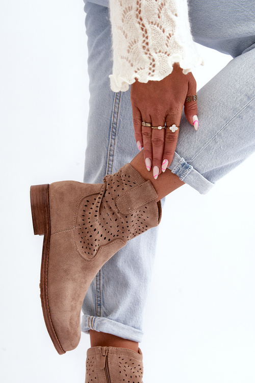 S.Barski HY66-135 Damskie Ażurowe Botki Na Płaskim Obcasie Beżowe