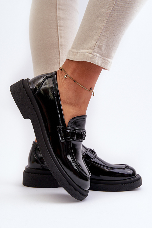 Skórzane Mokasyny Damskie Lakierowane Czarne Keelana