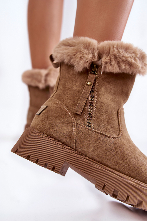 Zamszowe Botki Z Futerkiem Na Suwak Beżowe Rezan
